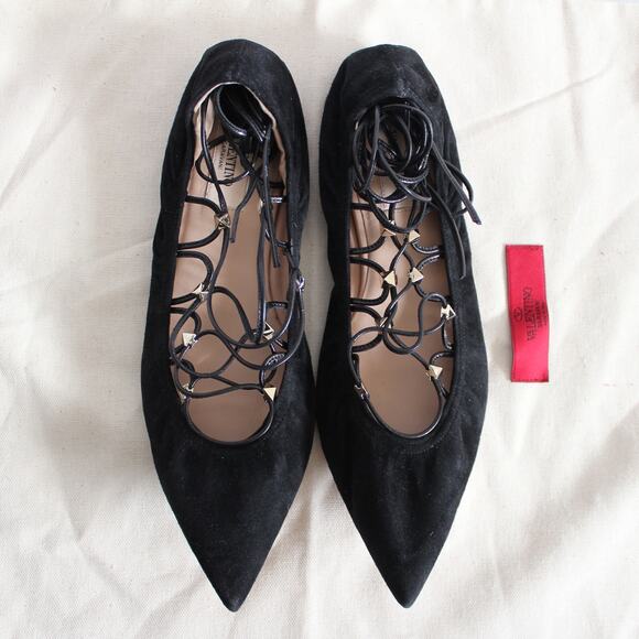 Valentino Black Suede Gold Rockstud Lace Up Ankle-Wrap Pointed Ballet Flat - Picture 1 of 10
